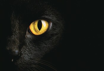 Mysterious Black Cat with Yellow Eye in Darkness – Close-Up