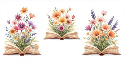 Vector art of floral bouquets on vintage books