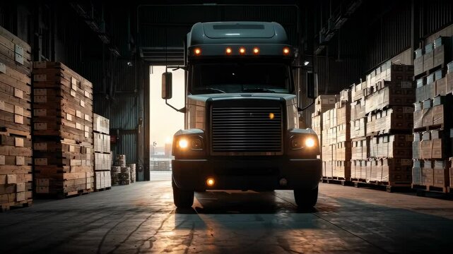the large doors of a loading dock opening, with a truck backing in, ready to be loaded with pallets of canned food, symbolizing the connection between factory and consumer, dawn lighting