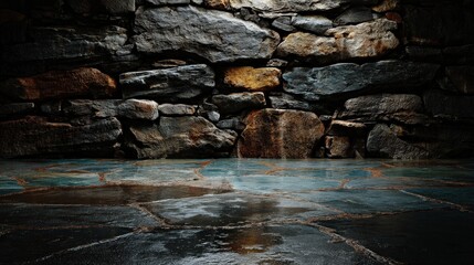 Dark stone wall and wet stone floor with reflective surfaces create a moody, rustic atmosphere.