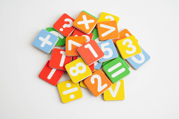 Number wood block cubes for learning Mathematic, education math.