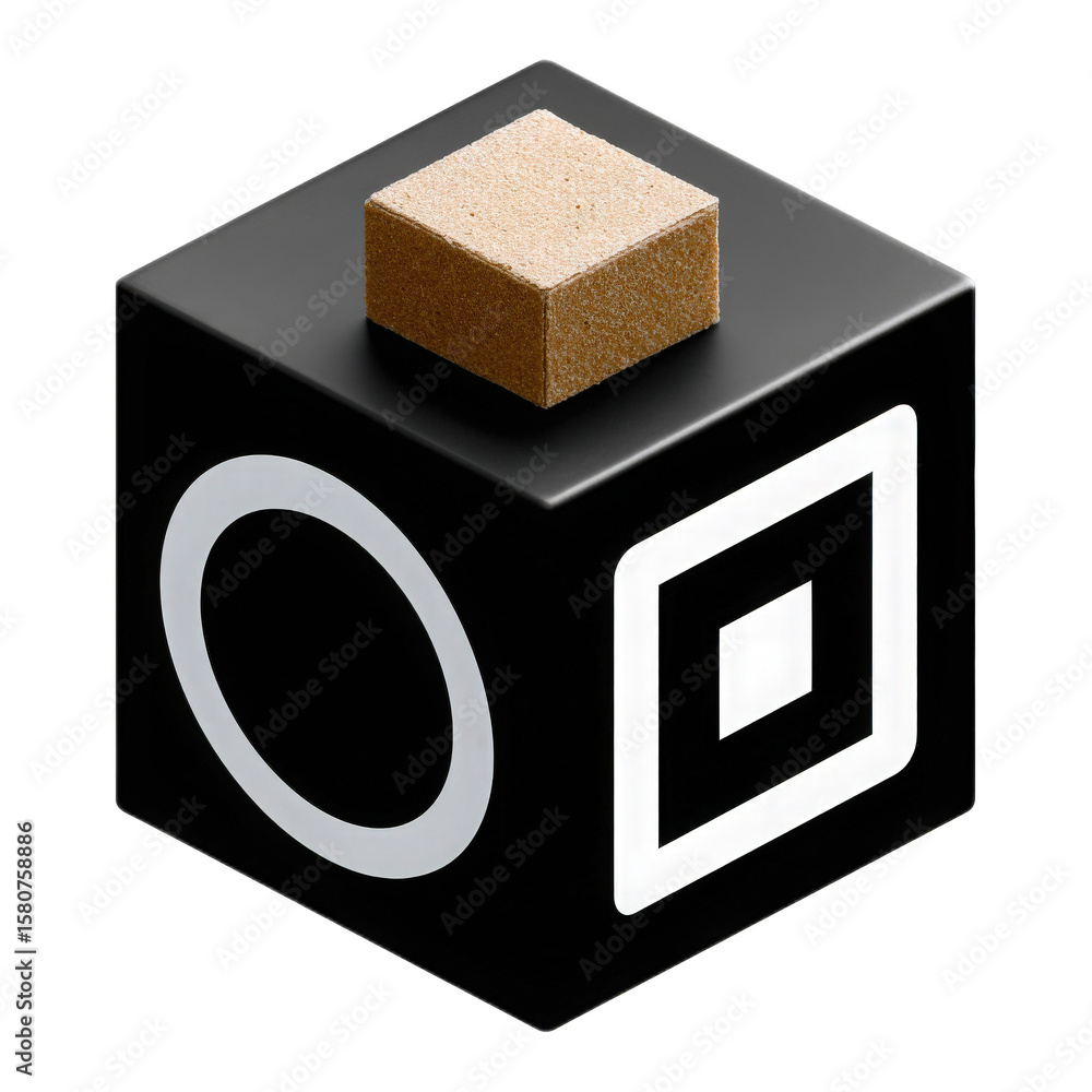 Poster black geometric shape featuring a square and circle design with a textured brown block on top for pl