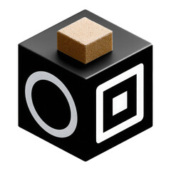 Black geometric shape featuring a square and circle design with a textured brown block on top for playful decoration and design purposes