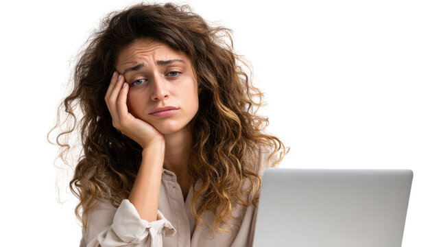 A young woman looks frustrated as she works on her laptop, showing stress and concentration in a modern workspace.