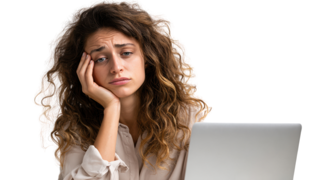 A young woman looks frustrated as she works on her laptop, showing stress and concentration in a modern workspace. - Powered by Adobe