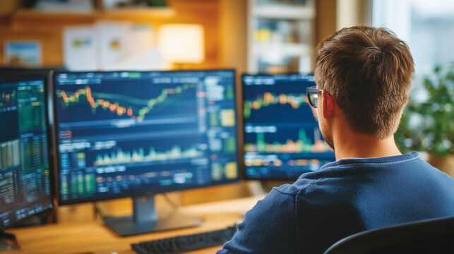 Man with glasses analyzes stock charts on multiple monitors in a modern home office.