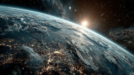 Earth seen from space at sunrise, showcasing global city lights.