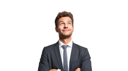 Businessman in suit, smiling and looking up, isolated on white background.