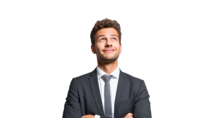 Businessman in suit, smiling and looking up, isolated on white background.