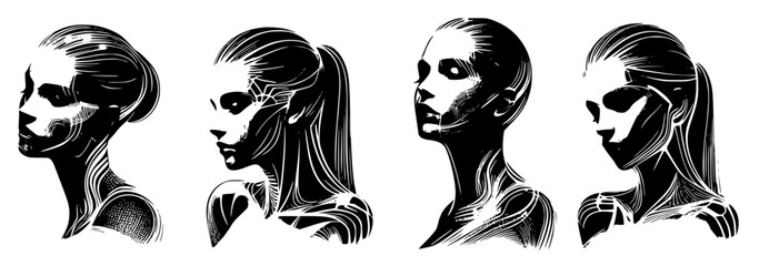 Four vector drawings of a woman from the future