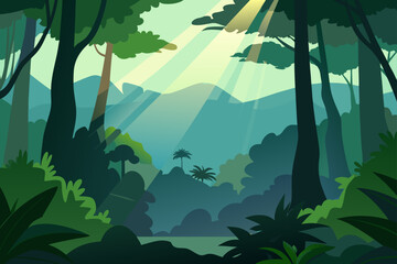dense rainforest with mist and sunlight rays