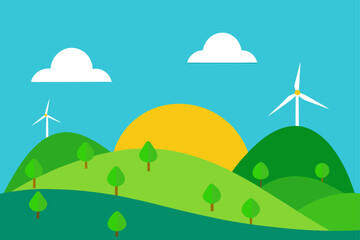 Fototapeta premium green hills with wind turbines under sunny sky