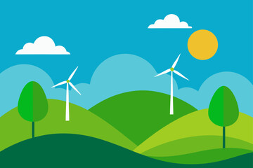 green hills with wind turbines under sunny sky