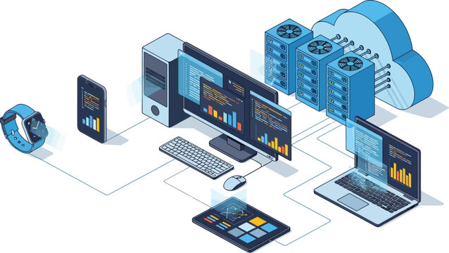 Isometric cloud computing network diagram with devices and servers for data storage and processing system