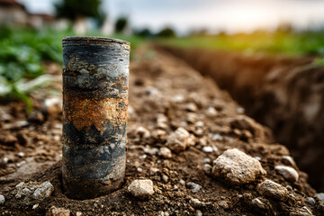 Fresh soil core sample placed on the ground after drilling. Subsurface material collected for geotechnical testing and laboratory analysis