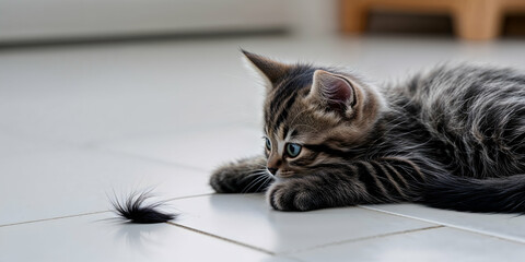 A curious kitten plays with a feather on the floor, its eyes wide with playful intent. A portrait of a tiny and adorable domestic 