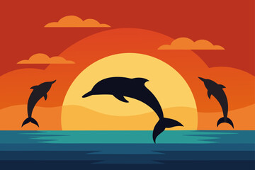 ocean scene with dolphins jumping in sunset light