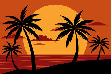 palm tree lined beach at sunset with silhouette