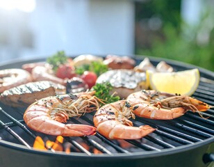 Grilled shrimp fish and vegetables on a barbecue grill Lemon wedges and herbs garnish the seafood