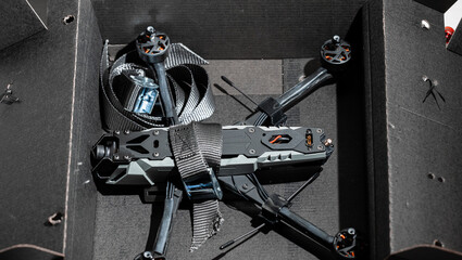 assembled FPV drone in box modern technology system object for flying