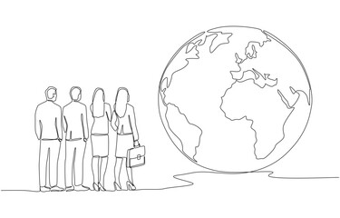 Continuous one line drawing of business professionals standing together and looking at earth globe, team vision and international business opportunity concept, single line art.