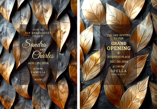 Elegant golden leaves art wedding invitation template design, Luxury greeting design, save the date design, colorful texture, Hand drawn texture design for invitation - Powered by Adobe