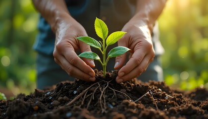 Hands carefully plant a vibrant green seedling in rich soil, nurturing new life in golden sunlight.