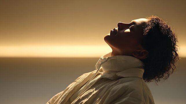 Side profile of contemplative woman in warm dramatic light, head tilted back in thoughtful pause, modern minimal neutral backdrop