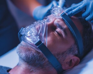 Close-up of a man receiving sleep apnea treatment.  He is wearing a CPAP mask.