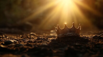 powerful king crown with rays of sunlight behind, symbolic scene