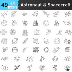 Astronomy and Spacecraft Outline Icons Set – 49 Outline Icons of Solar System, Moon, Planet, Alien, Galaxy, Rockets, Spaceships, UFO, and Stars