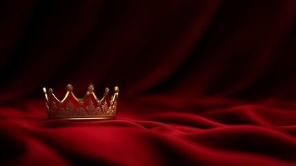 royal crown placed on deep red velvet fabric with gold embroidery, soft studio lighting