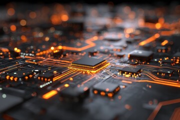 Illuminated circuit board on blurred background