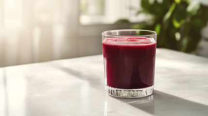 glass of mixed berry juice on a white tabletop with subtle shadows and open space beside it.
