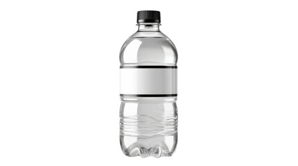 Clear plastic water bottle with blank label, isolated on white background.