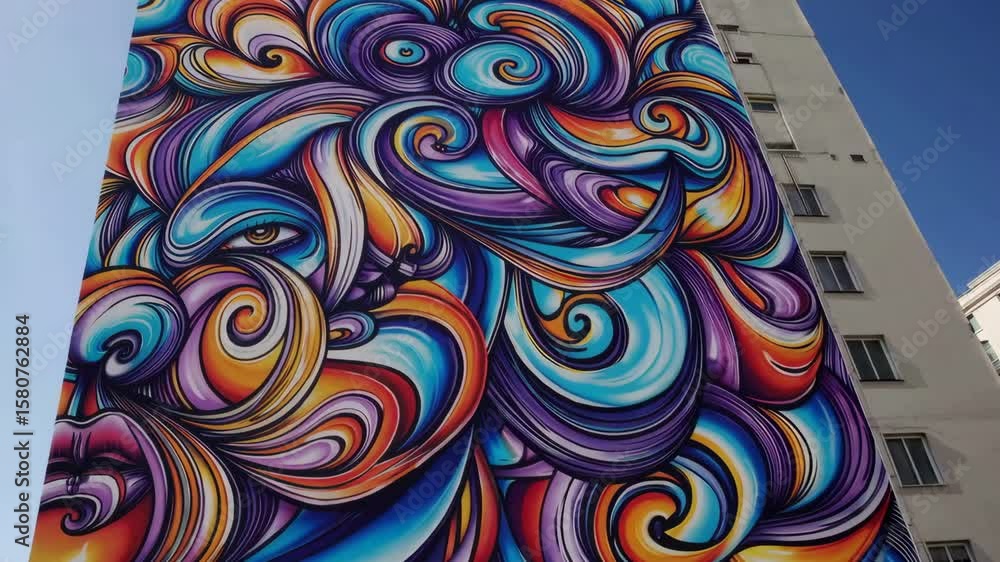 Poster vivid urban mural captures dynamic patterns and colorful movement on city building