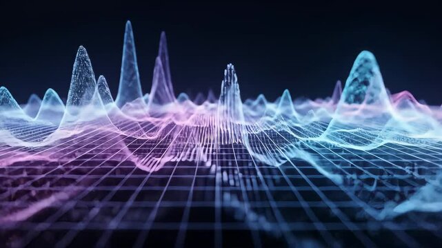 Abstract Data Waveform Visualization: Glowing Blue Pink Grid Pattern