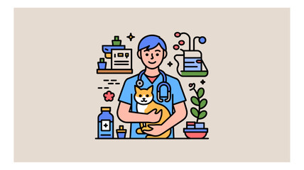 Cheerful veterinarian holding a cat in a clinic with plants and medical equipment in a colorful vector illustration