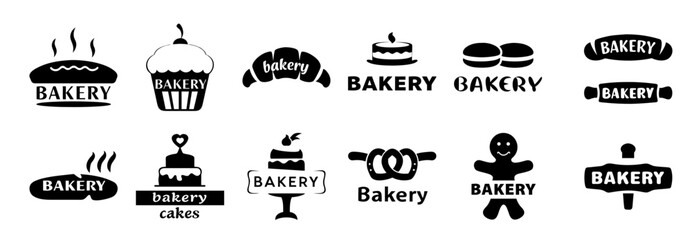 Bakery logo set, black silhouette design, branding elements