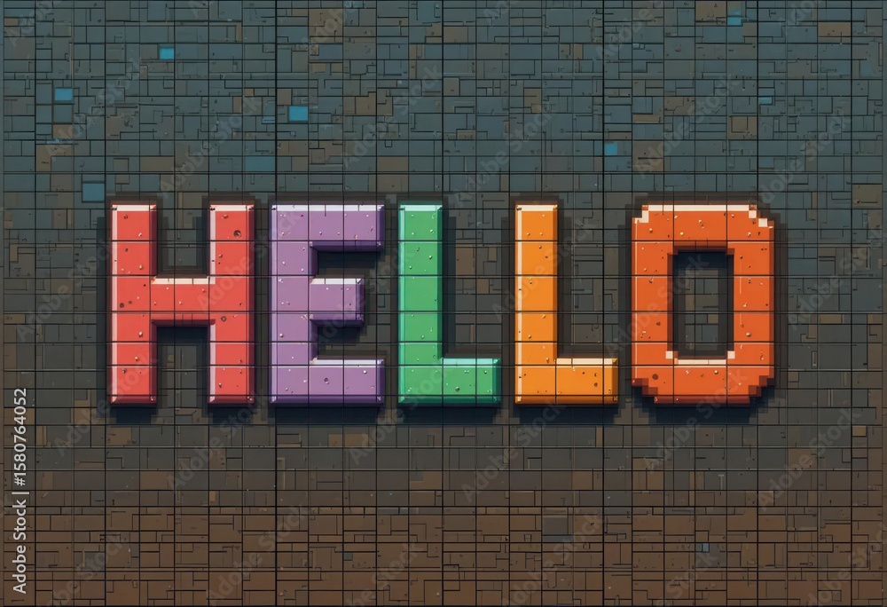 Fototapete blocky, pixel hello in primary colors with a grid background