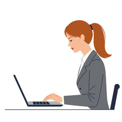 Businesswoman Working on Laptop Side View Vector Illustration