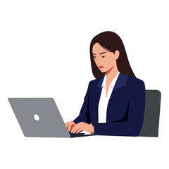Businesswoman Working on Laptop Side View Vector Illustration