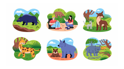 Fototapeta premium Diverse wildlife encounters in nature vector illustration featuring animals, people and landscapes