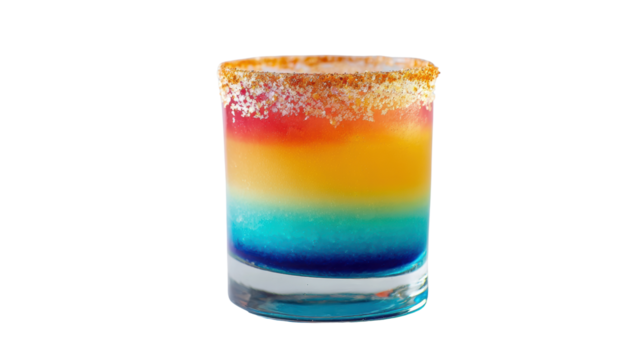 Colorful layered cocktail in a clear glass on a white isolated background.