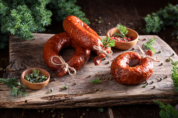 Tasty cured sausage made of pork meat.