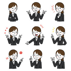 Businesswoman Cartoon Poses Set Vector Illustrations on Transparent Background