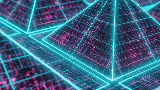 Abstract Glowing Pink And Cyan Neon Pyramids