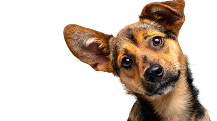 Cute dog with tilted head, showcasing curious expression, isolated on white background.