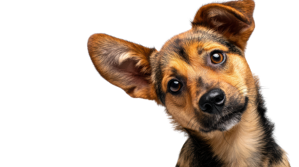 Cute dog with tilted head, showcasing curious expression, isolated on white background.