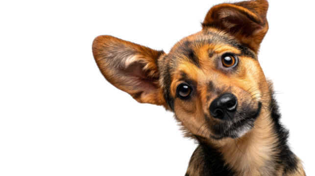 Cute dog with tilted head, showcasing curious expression, isolated on white background.